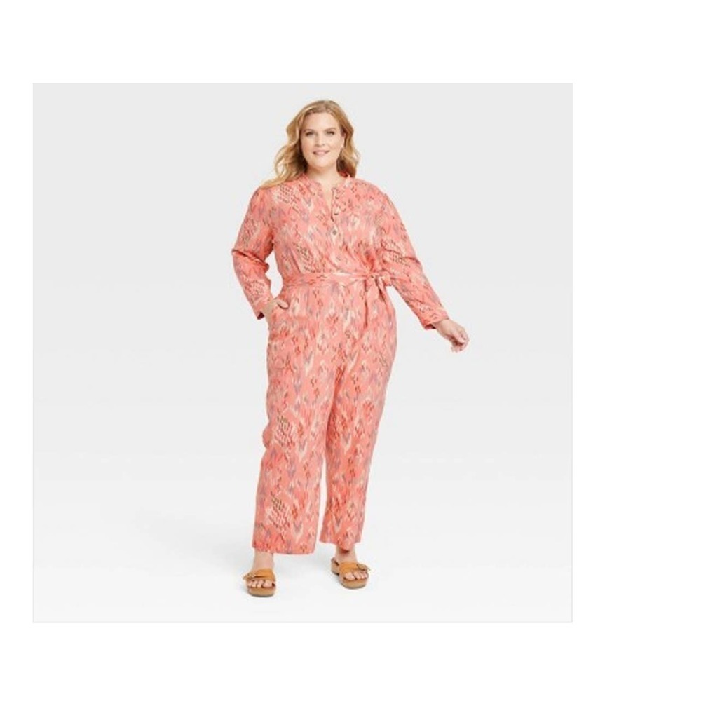 Knox Rose Coral Pink Ikat Long Sleeve Traveling Jumpsuit Womens Size XXL
